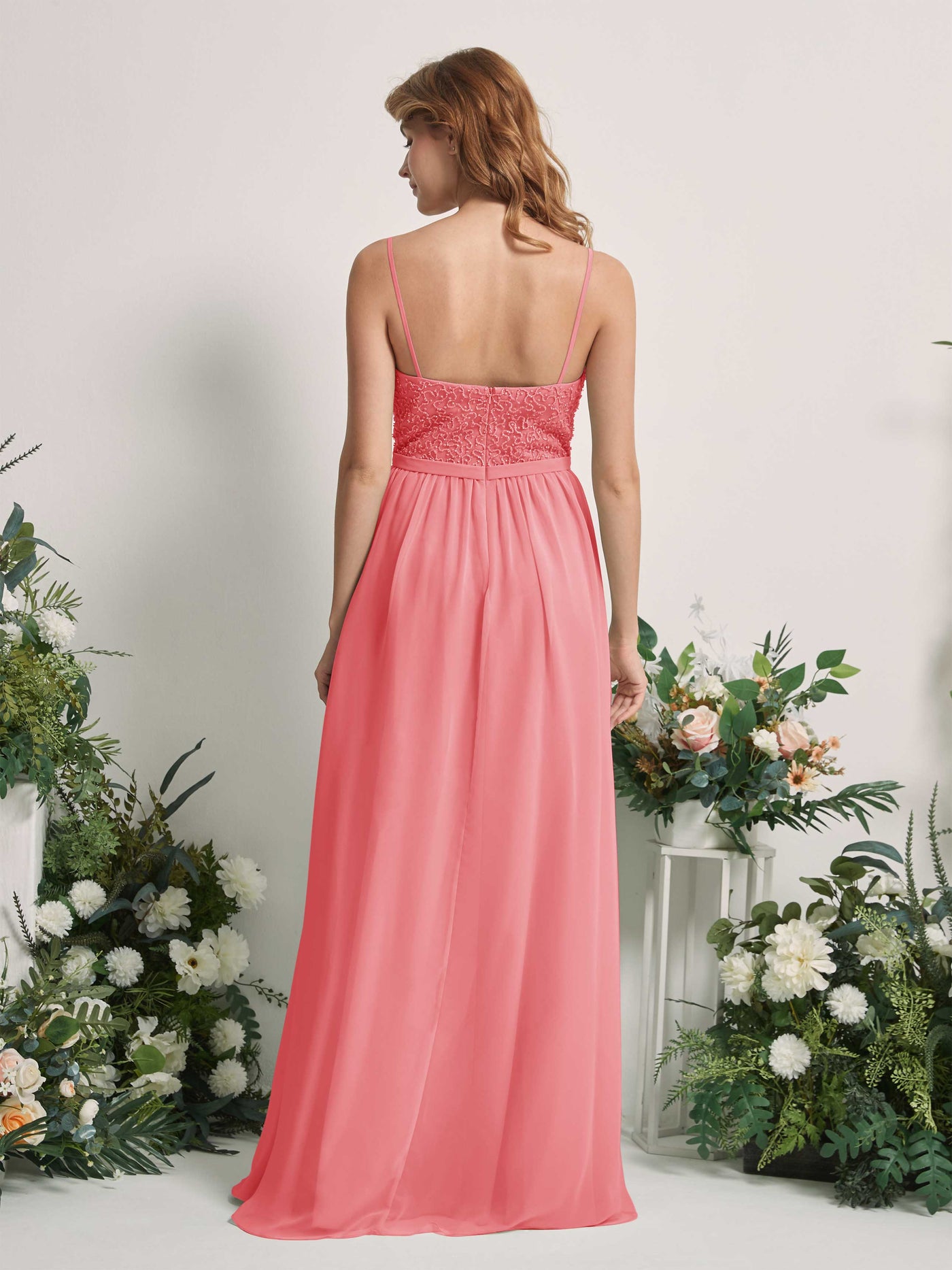 Coral Pink Bridesmaid Dresses A-line Open back Spaghetti-straps Sleeveless Dresses (83220130)#color_coral-pink