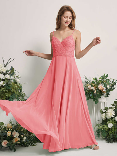 Carlyna Gail A-Line Coral Pink Beaded Bridesmaid Dress Maxi Sleeveless V-Neck Dress Front View #color_coral-pink