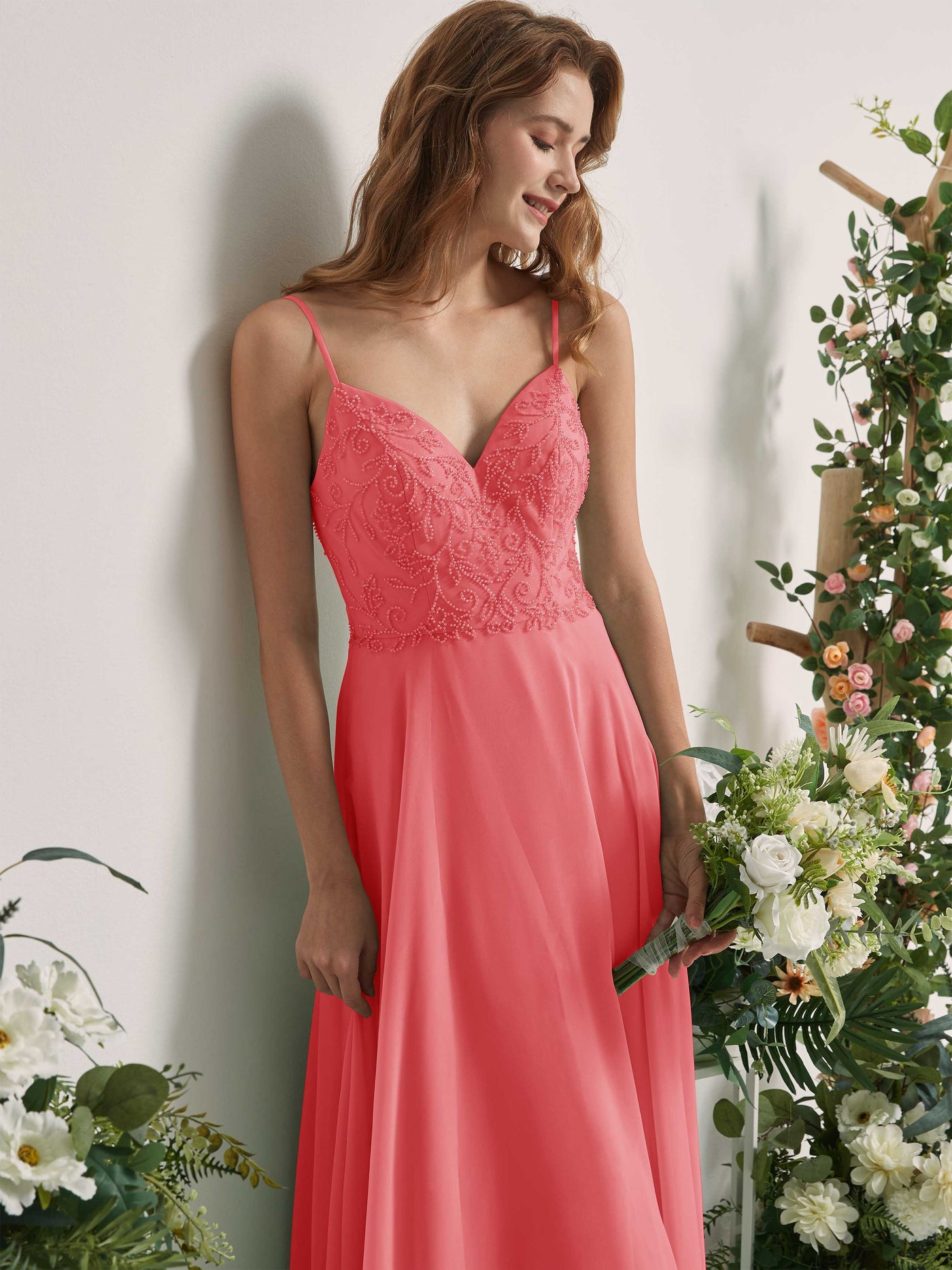 Coral Pink Bridesmaid Dresses A-line Open back Spaghetti-straps Sleeveless Dresses (83221130)#color_coral-pink