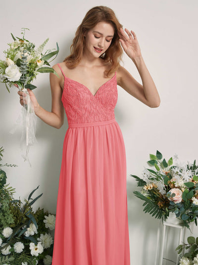Carlyna Alexandra A-Line Coral Pink Beaded Bridesmaid Dress Maxi Sleeveless V-Neck Dress Side View 2 #color_coral-pink