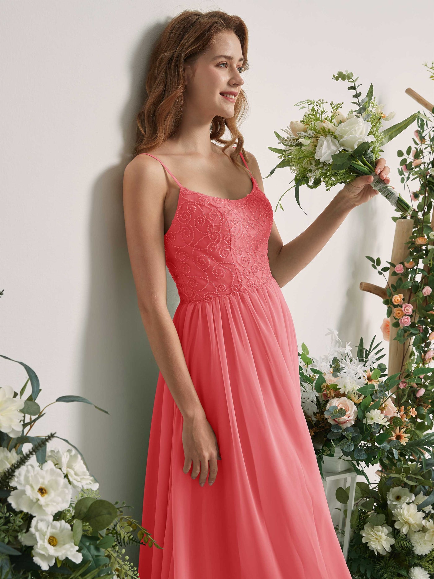 Coral Pink Bridesmaid Dresses A-line Spaghetti-straps Sleeveless Chiffon Dresses (83221230)#color_coral-pink