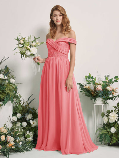 Carlyna Leona A-Line Coral Pink Embroidered Bridesmaid Dress Maxi Sleeveless Sweetheart Dress Front View #color_coral-pink