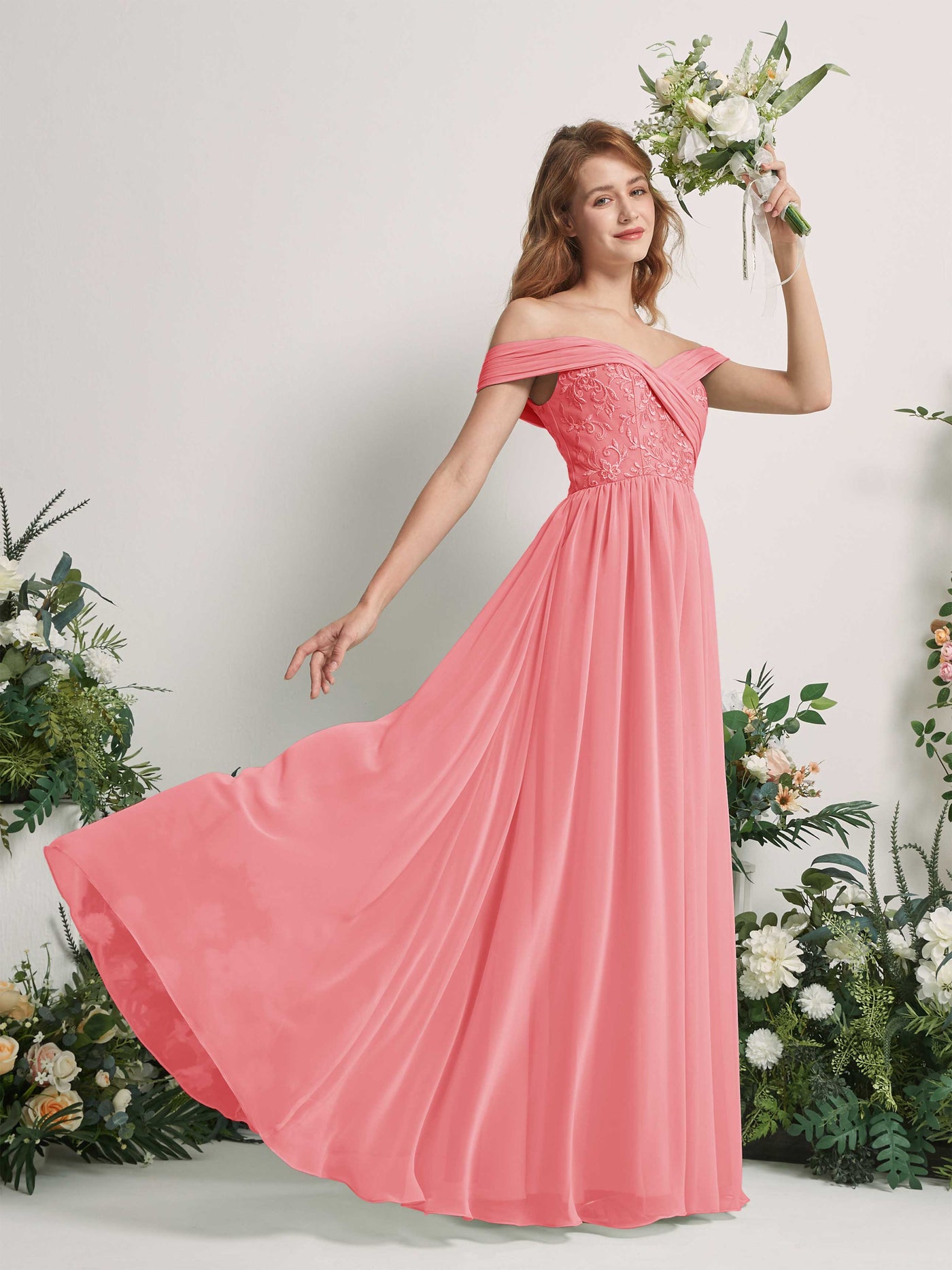 Coral Pink Bridesmaid Dresses Ball Gown Off Shoulder Sleeveless Chiffon Dresses (83220430)#color_coral-pink