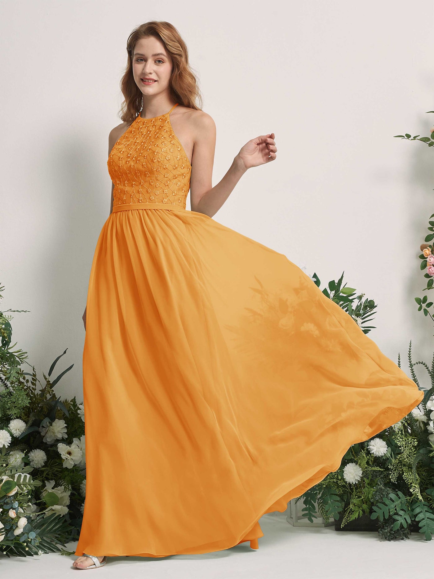 Mango Bridesmaid Dresses A-line Halter Sleeveless Chiffon Dresses (83220802)#color_mango