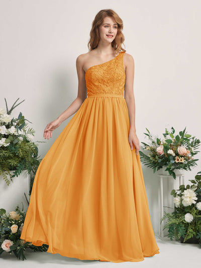 Carlyna Bonita A-Line Mango Embroidered Bridesmaid Dress Maxi Sleeveless One Shoulder Dress Front View #color_mango