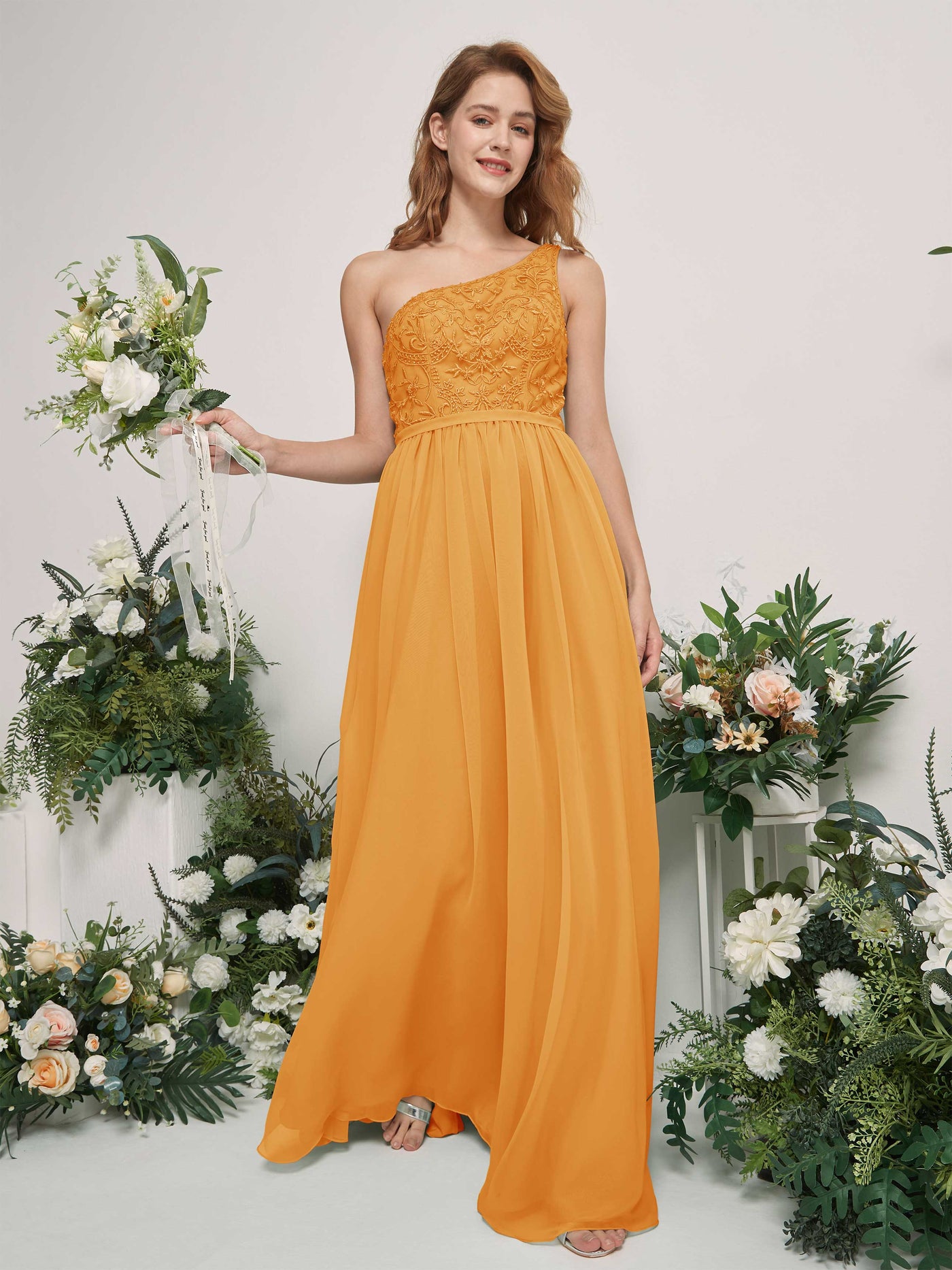 Mango Bridesmaid Dresses A-line Open back One Shoulder Sleeveless Dresses (83220502)#color_mango
