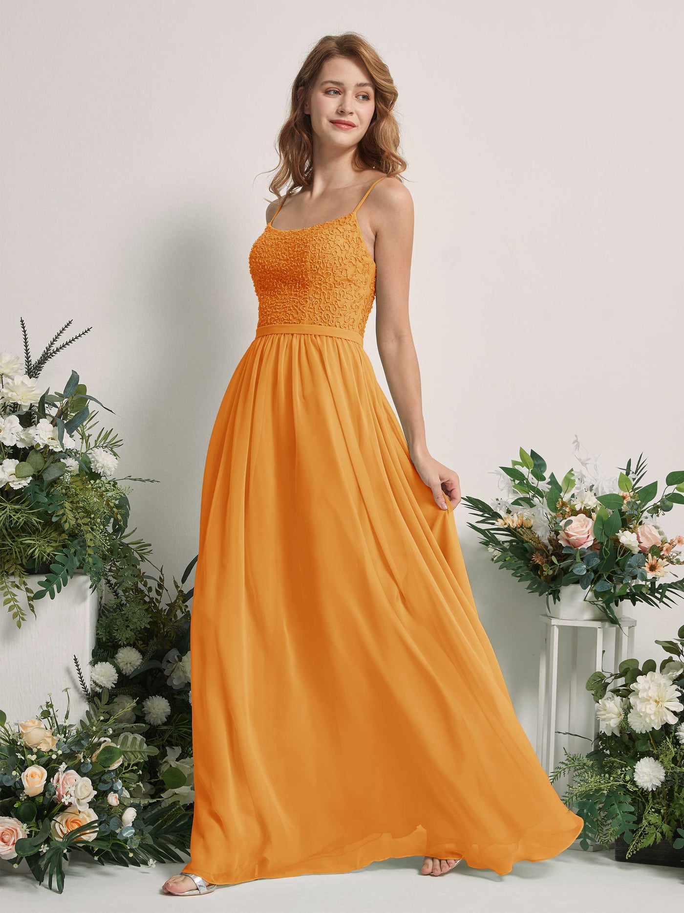 Mango Bridesmaid Dresses A-line Open back Spaghetti-straps Sleeveless Dresses (83220102)#color_mango