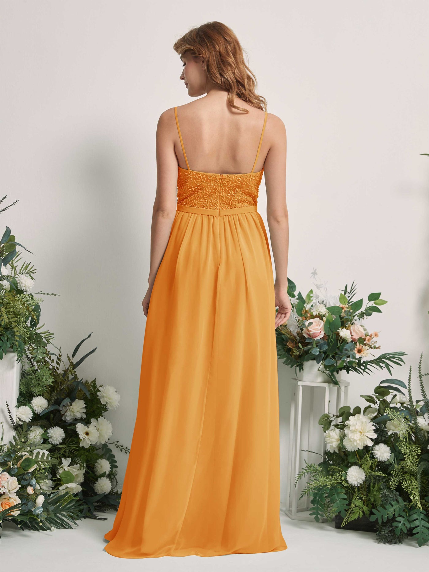 Mango Bridesmaid Dresses A-line Open back Spaghetti-straps Sleeveless Dresses (83220102)#color_mango