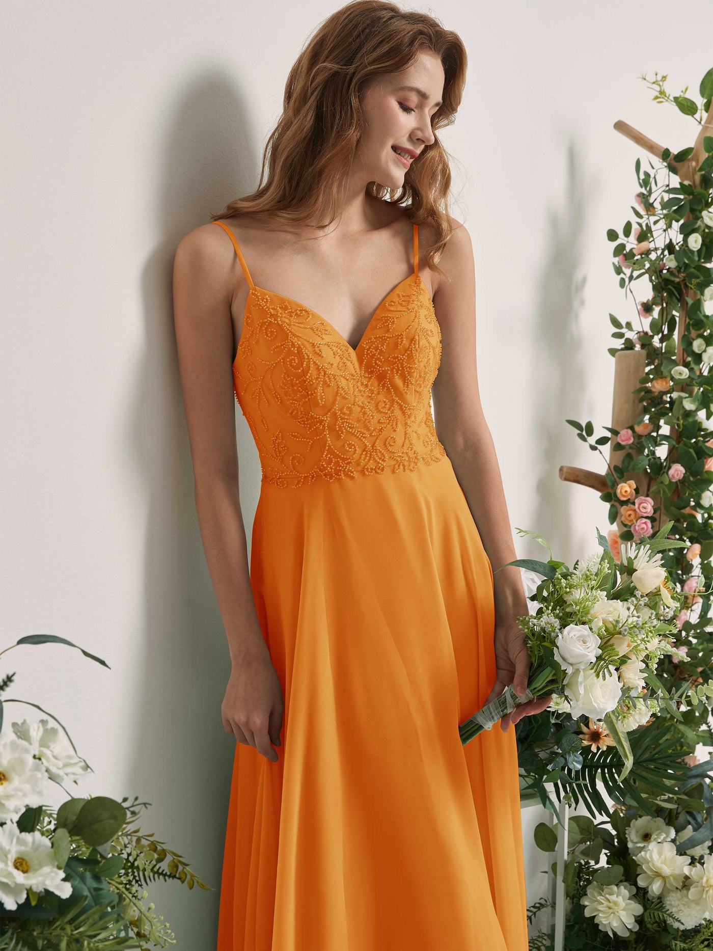 Mango Bridesmaid Dresses A-line Open back Spaghetti-straps Sleeveless Dresses (83221102)#color_mango