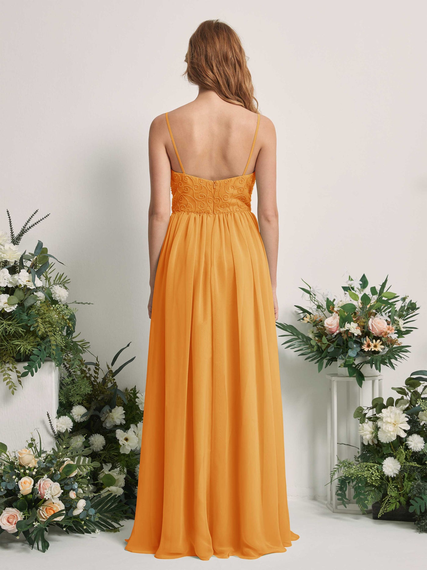 Mango Bridesmaid Dresses A-line Spaghetti-straps Sleeveless Chiffon Dresses (83221202)#color_mango