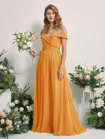 Carlyna Leona A-Line Mango Embroidered Bridesmaid Dress Maxi Sleeveless Sweetheart Dress Front View #color_mango