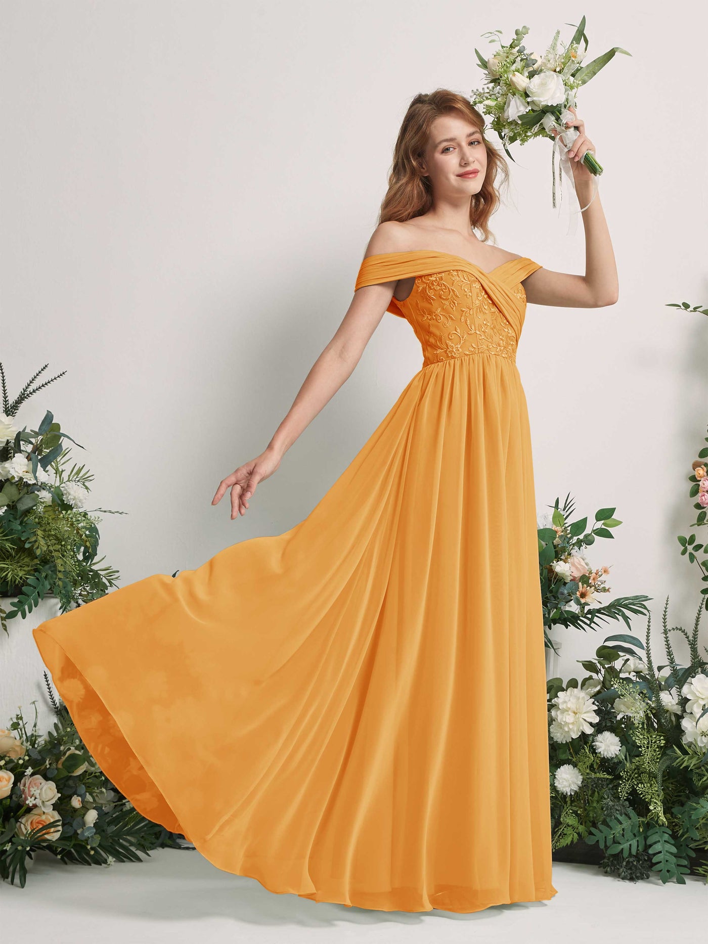 Mango Bridesmaid Dresses Ball Gown Off Shoulder Sleeveless Chiffon Dresses (83220402)#color_mango