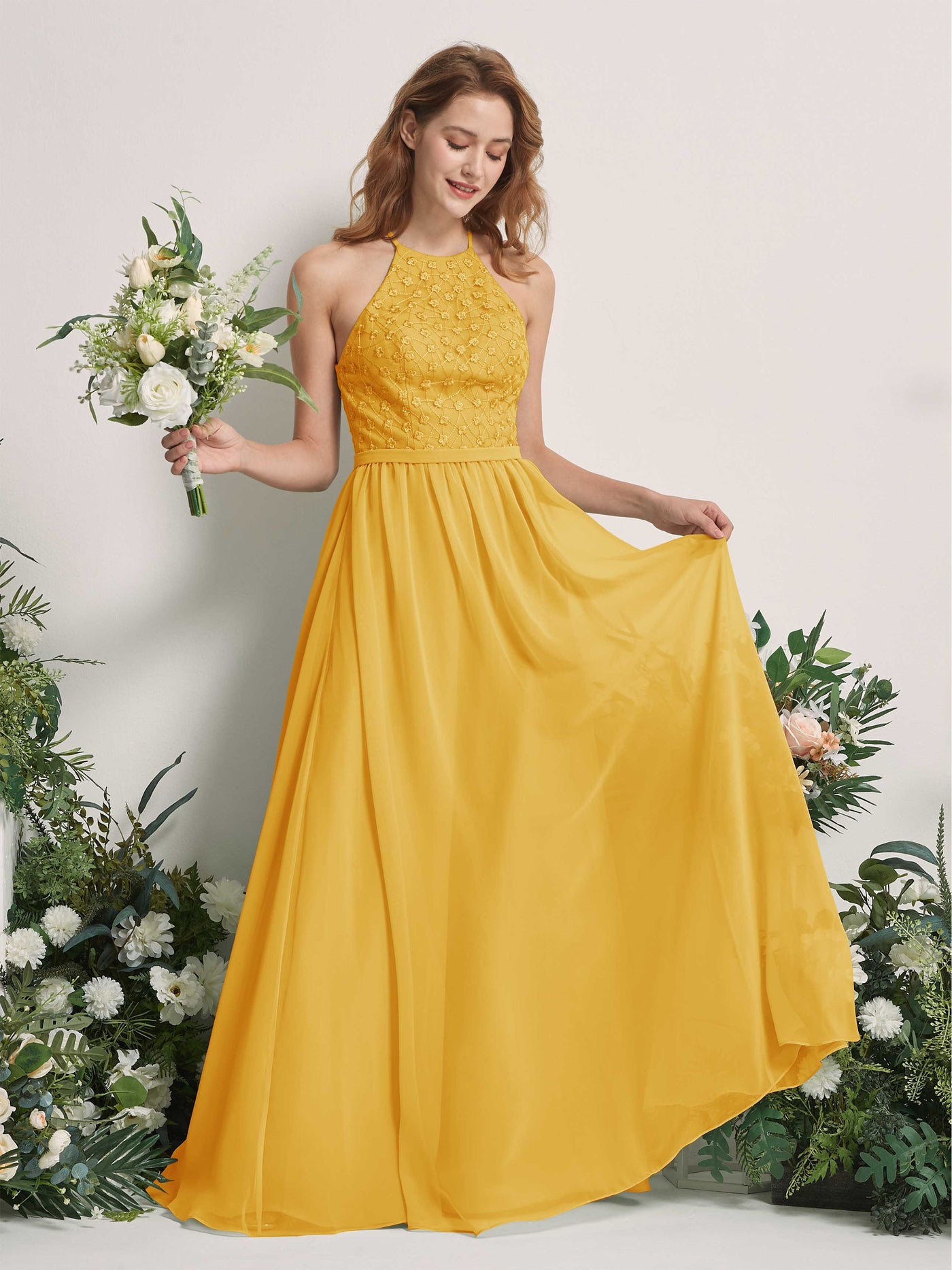Mustard Yellow Bridesmaid Dresses A-line Halter Sleeveless Chiffon Dresses (83220833)#color_mustard-yellow