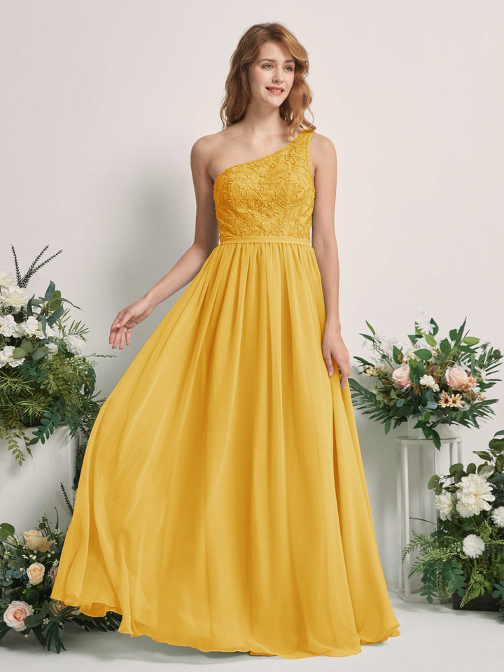 Mustard Yellow Bridesmaid Dresses A-line Open back One Shoulder Sleeveless Dresses (83220533)
