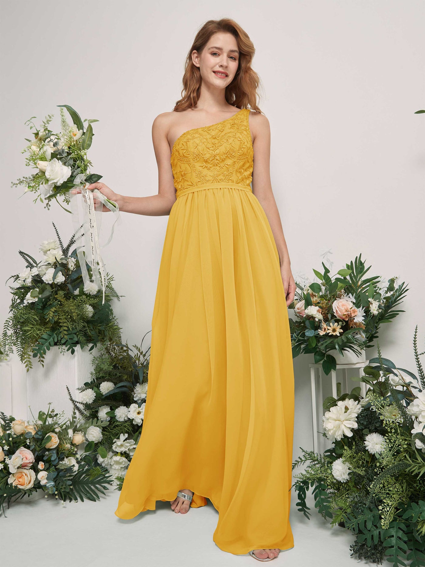Mustard Yellow Bridesmaid Dresses A-line Open back One Shoulder Sleeveless Dresses (83220533)#color_mustard-yellow