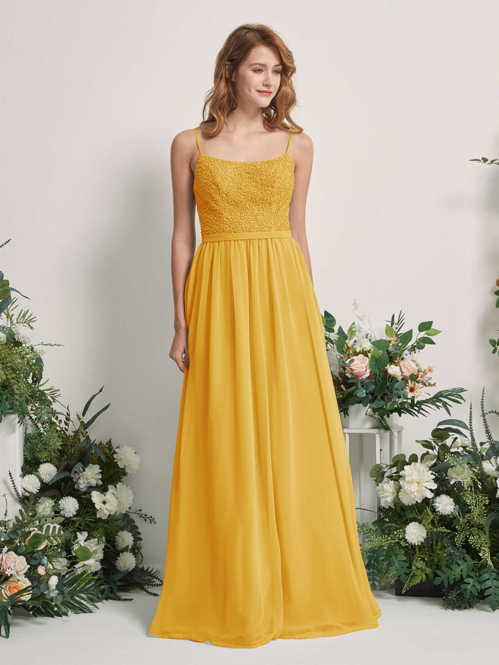 Mustard Yellow Bridesmaid Dresses A-line Open back Spaghetti-straps Sleeveless Dresses (83220133)