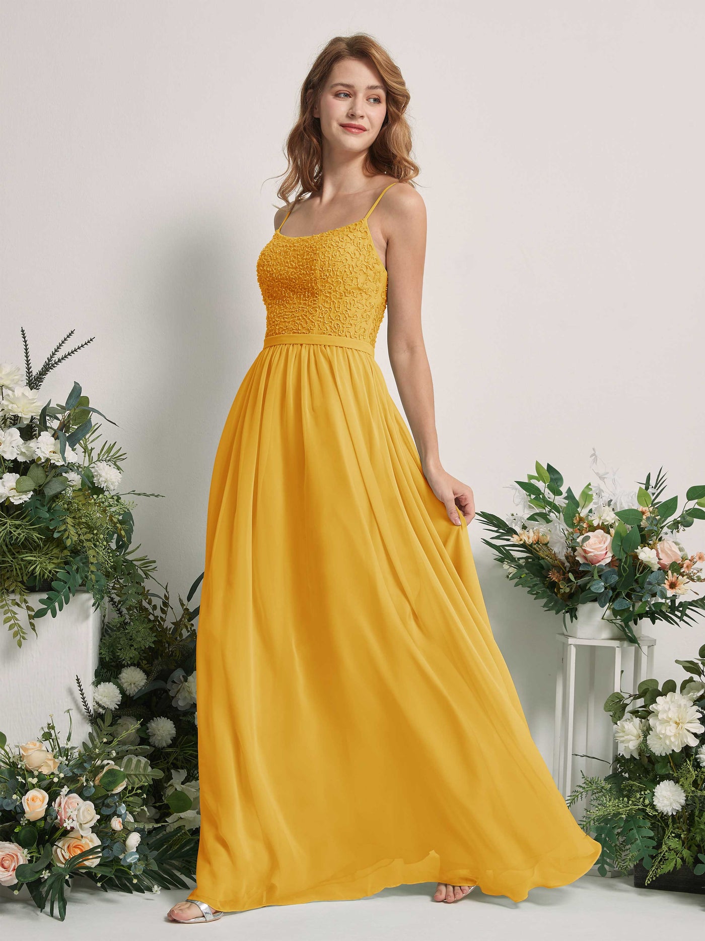 Mustard Yellow Bridesmaid Dresses A-line Open back Spaghetti-straps Sleeveless Dresses (83220133)#color_mustard-yellow