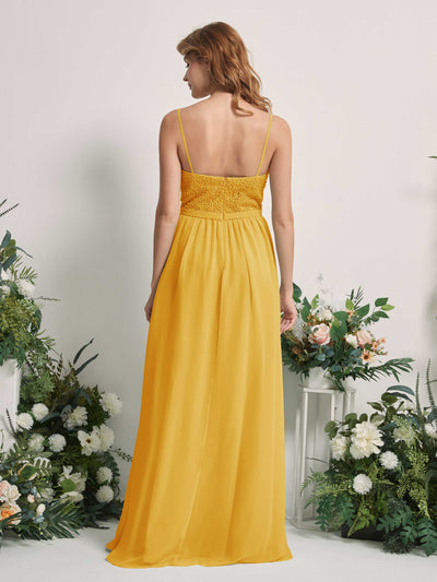 Carlyna Ursula A-Line Mustard Yellow Beaded Bridesmaid Dress Maxi Sleeveless Sweetheart Dress Back View #color_mustard-yellow