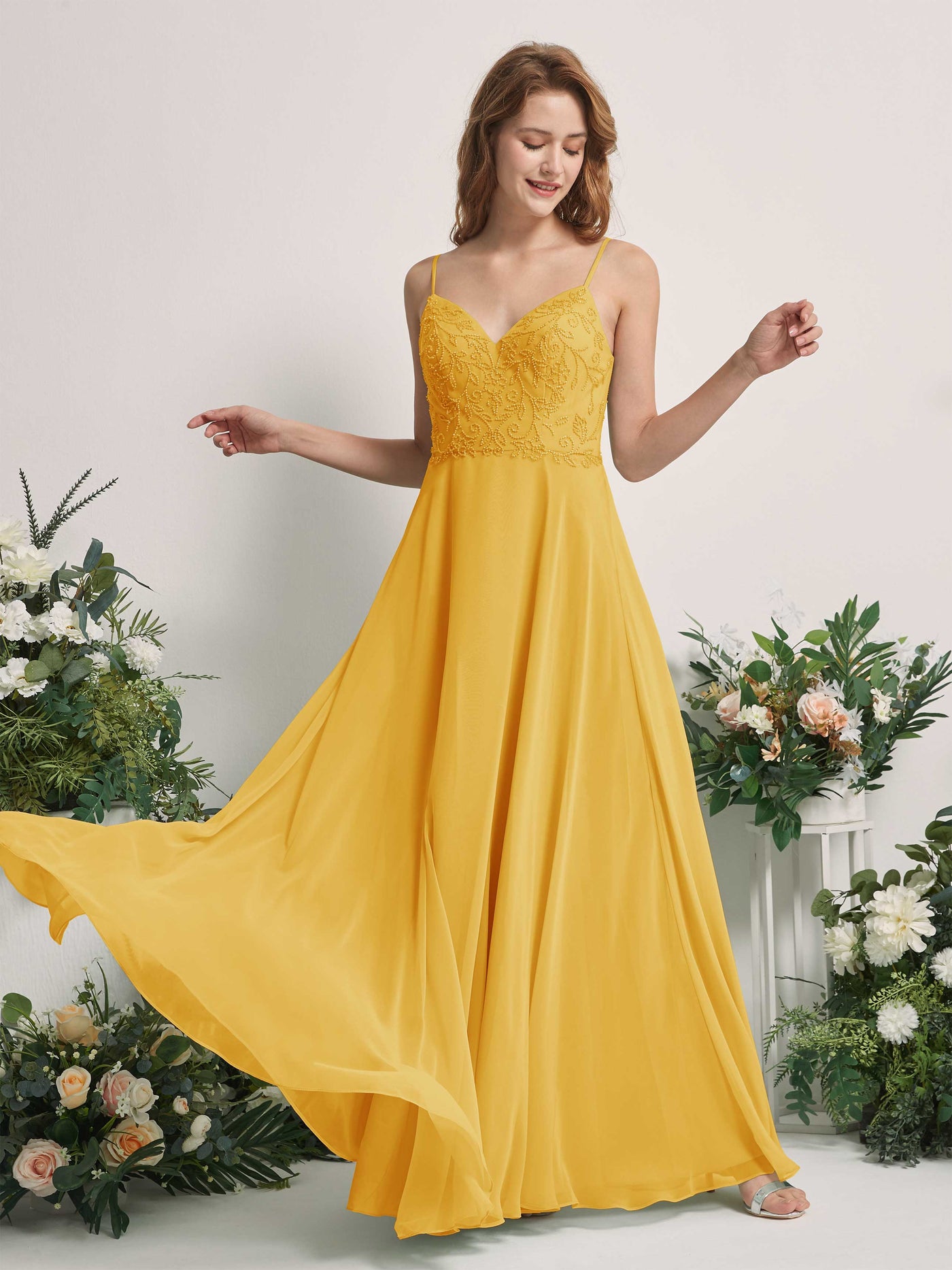 Mustard Yellow Bridesmaid Dresses A-line Open back Spaghetti-straps Sleeveless Dresses (83221133)#color_mustard-yellow