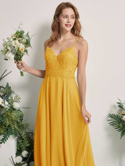 Carlyna Gail A-Line Mustard Yellow Beaded Bridesmaid Dress Maxi Sleeveless V-Neck Dress Side View 2 #color_mustard-yellow