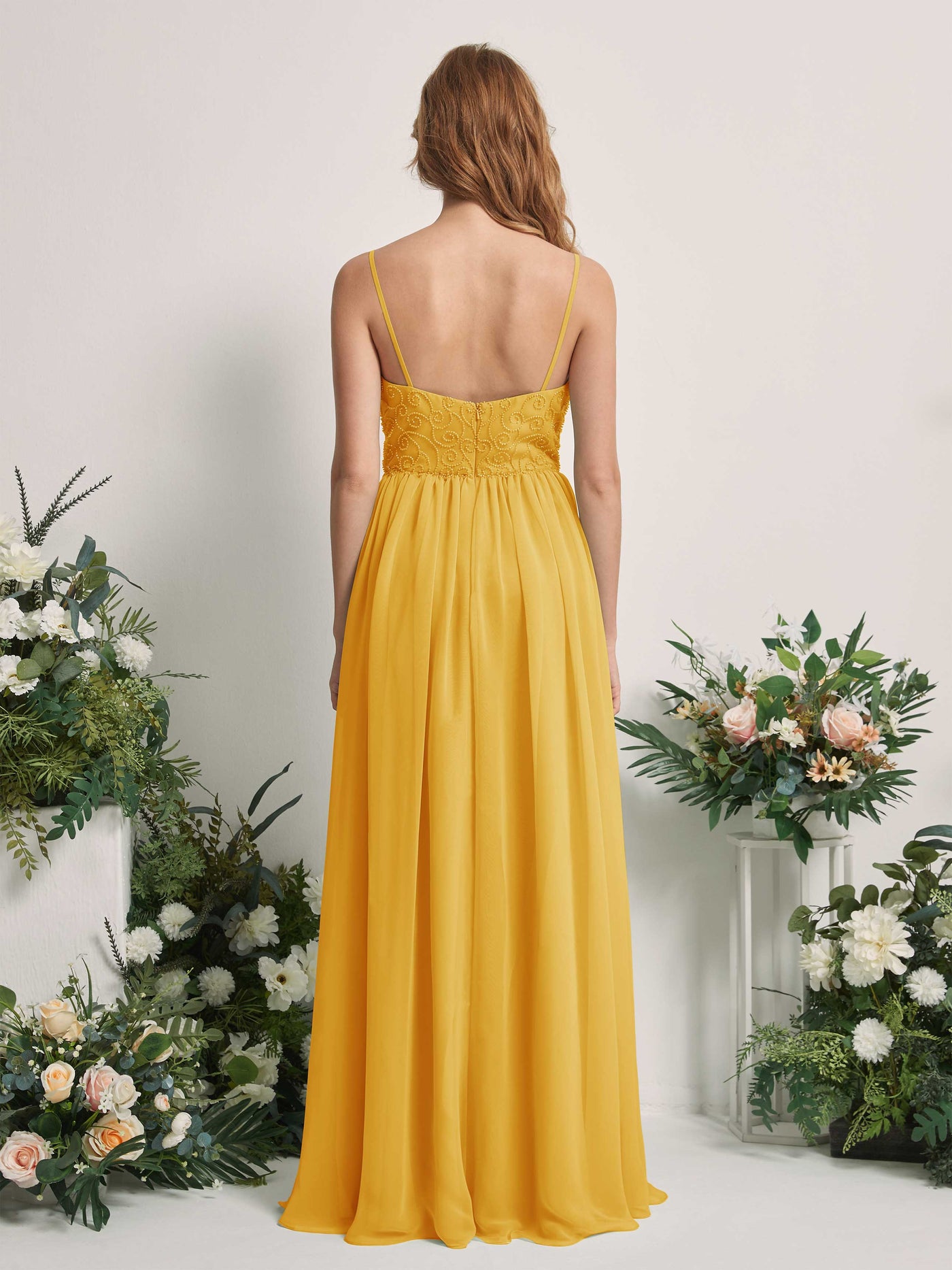 Mustard Yellow Bridesmaid Dresses A-line Spaghetti-straps Sleeveless Chiffon Dresses (83221233)#color_mustard-yellow