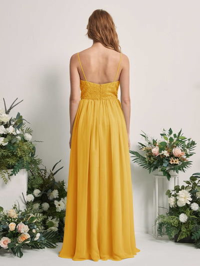 Carlyna Verna A-Line Mustard Yellow Beaded Bridesmaid Dress Maxi Sleeveless Sweetheart Dress Back View #color_mustard-yellow