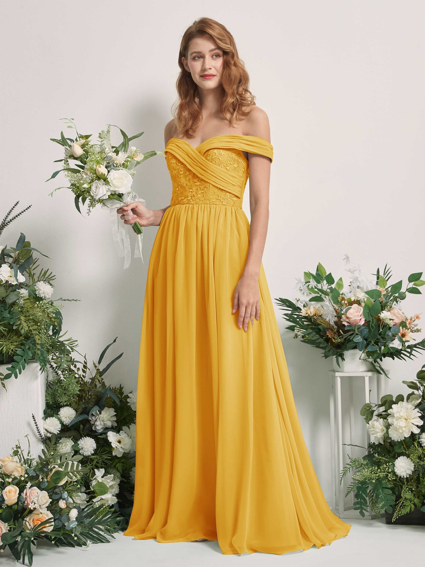 Mustard Yellow Bridesmaid Dresses Ball Gown Off Shoulder Sleeveless Chiffon Dresses (83220433)#color_mustard-yellow