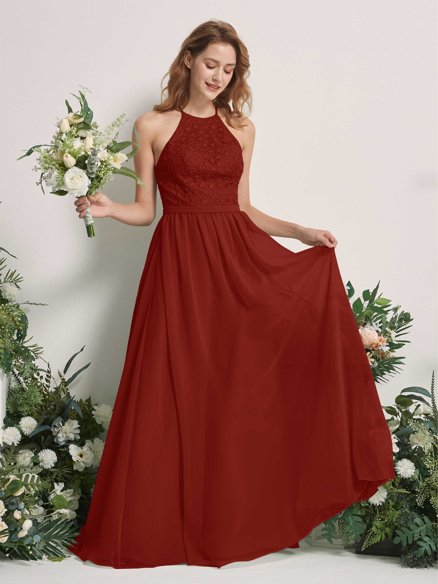 Rust Bridesmaid Dresses A-line Halter Sleeveless Chiffon Dresses (83220819)#color_rust