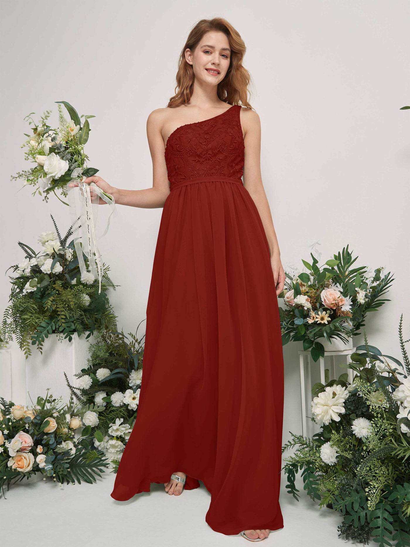 Rust Bridesmaid Dresses A-line Open back One Shoulder Sleeveless Dresses (83220519)#color_rust