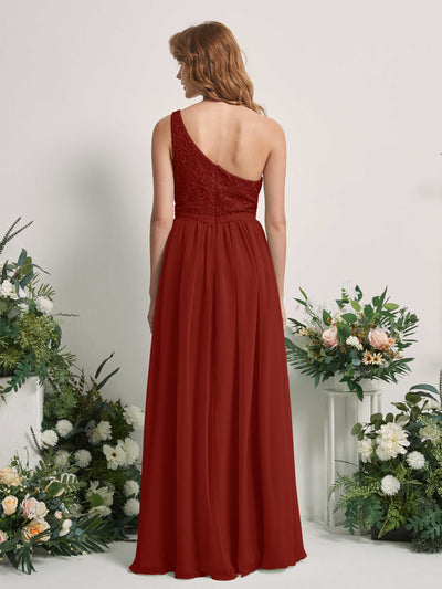 Carlyna Bonita A-Line Rust Embroidered Bridesmaid Dress Maxi Sleeveless One Shoulder Dress Back View #color_rust