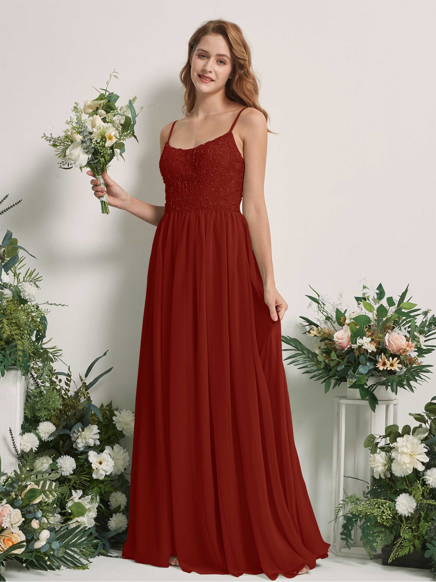 Rust Bridesmaid Dresses A-line Spaghetti-straps Sleeveless Chiffon Dresses (83221219)#color_rust