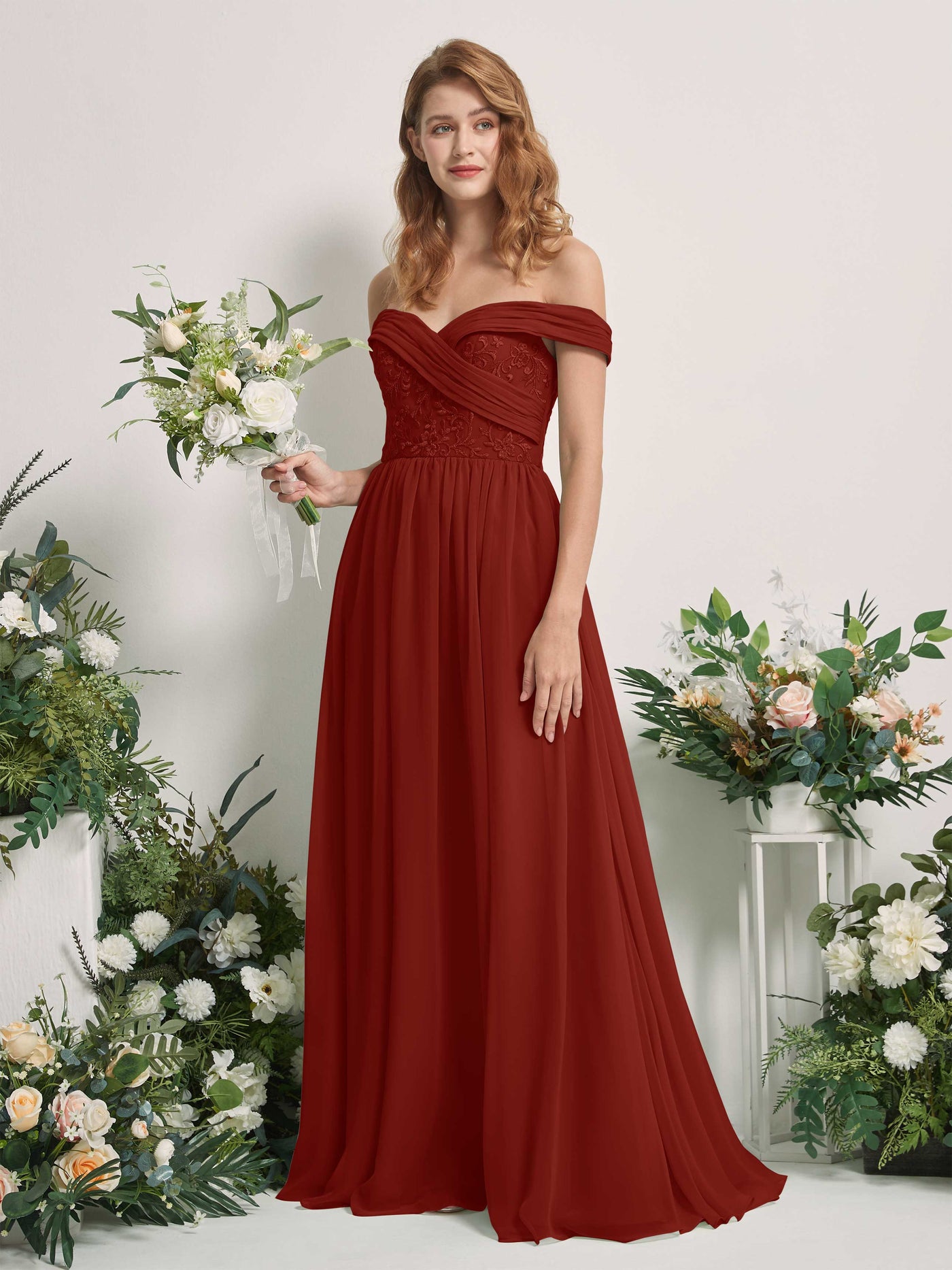 Rust Bridesmaid Dresses Ball Gown Off Shoulder Sleeveless Chiffon Dresses (83220419)#color_rust