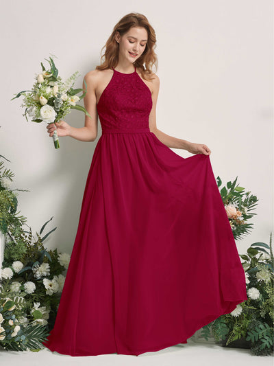 Carlyna Denise A-Line Jester Red Embroidered Bridesmaid Dress Maxi Sleeveless Round Neck Dress Front View #color_jester-red