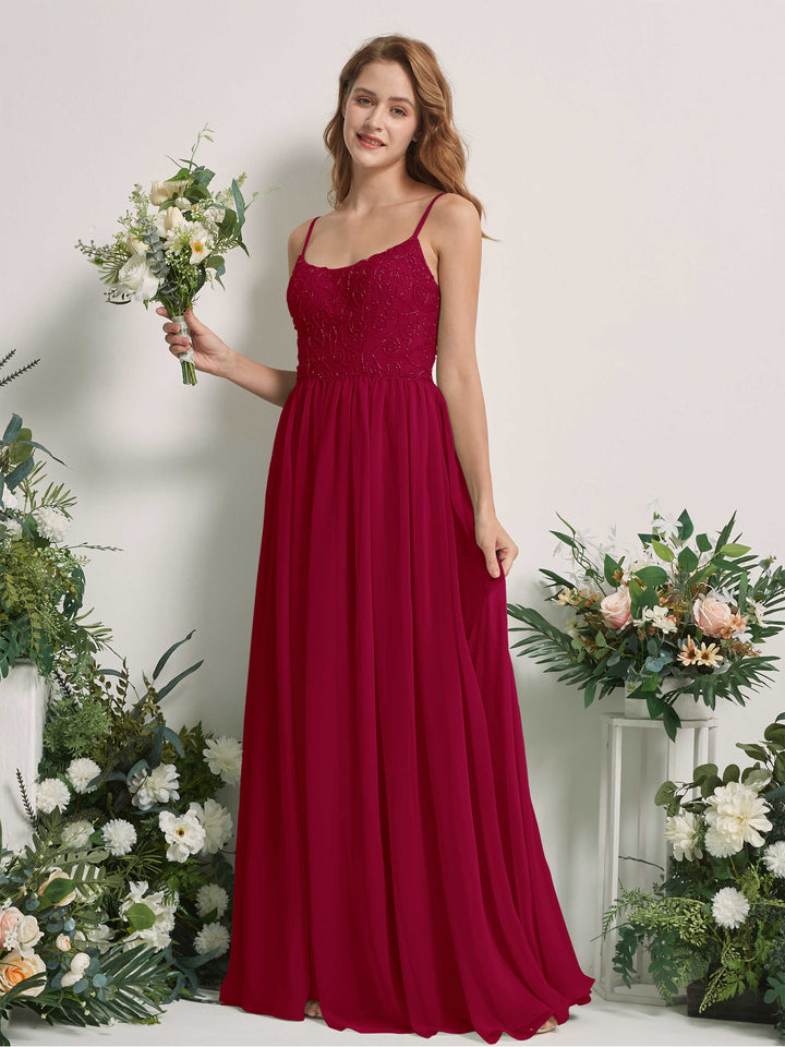 Jester Red Bridesmaid Dresses A-line Spaghetti-straps Sleeveless Chiffon Dresses (83221241)