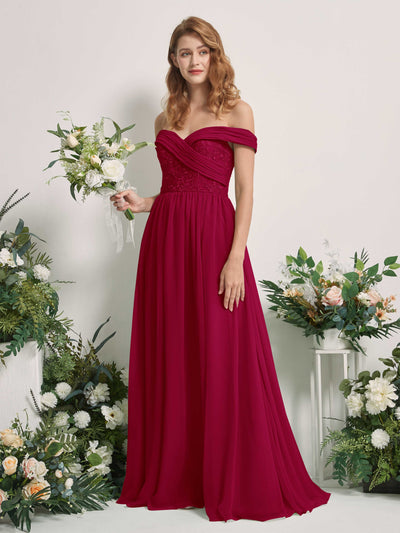 Carlyna Leona A-Line Jester Red Embroidered Bridesmaid Dress Maxi Sleeveless Sweetheart Dress Front View #color_jester-red