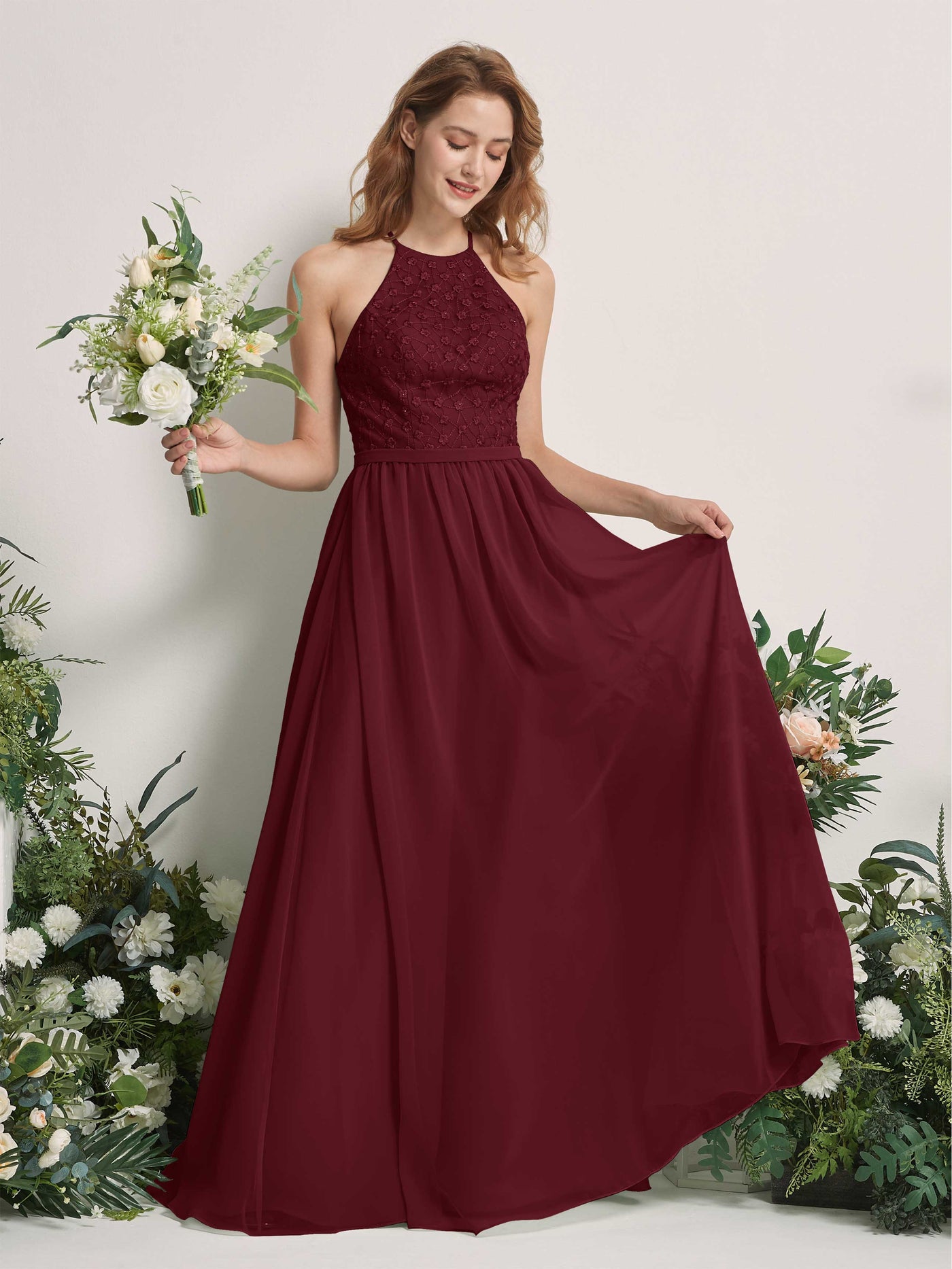 Burgundy Bridesmaid Dresses A-line Halter Sleeveless Chiffon Dresses (83220812)#color_burgundy