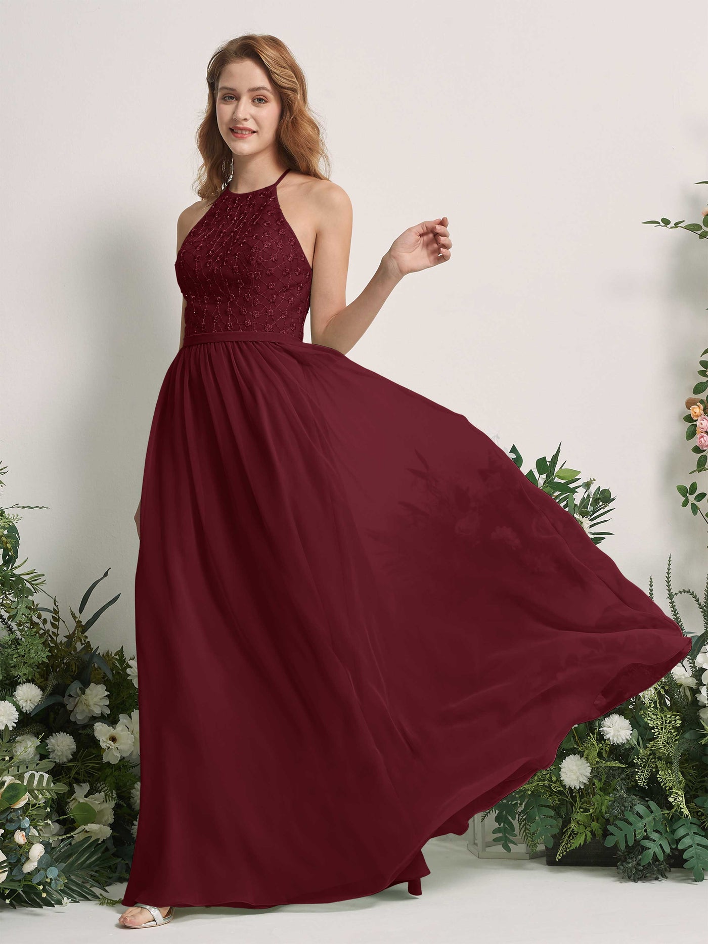 Burgundy Bridesmaid Dresses A-line Halter Sleeveless Chiffon Dresses (83220812)#color_burgundy