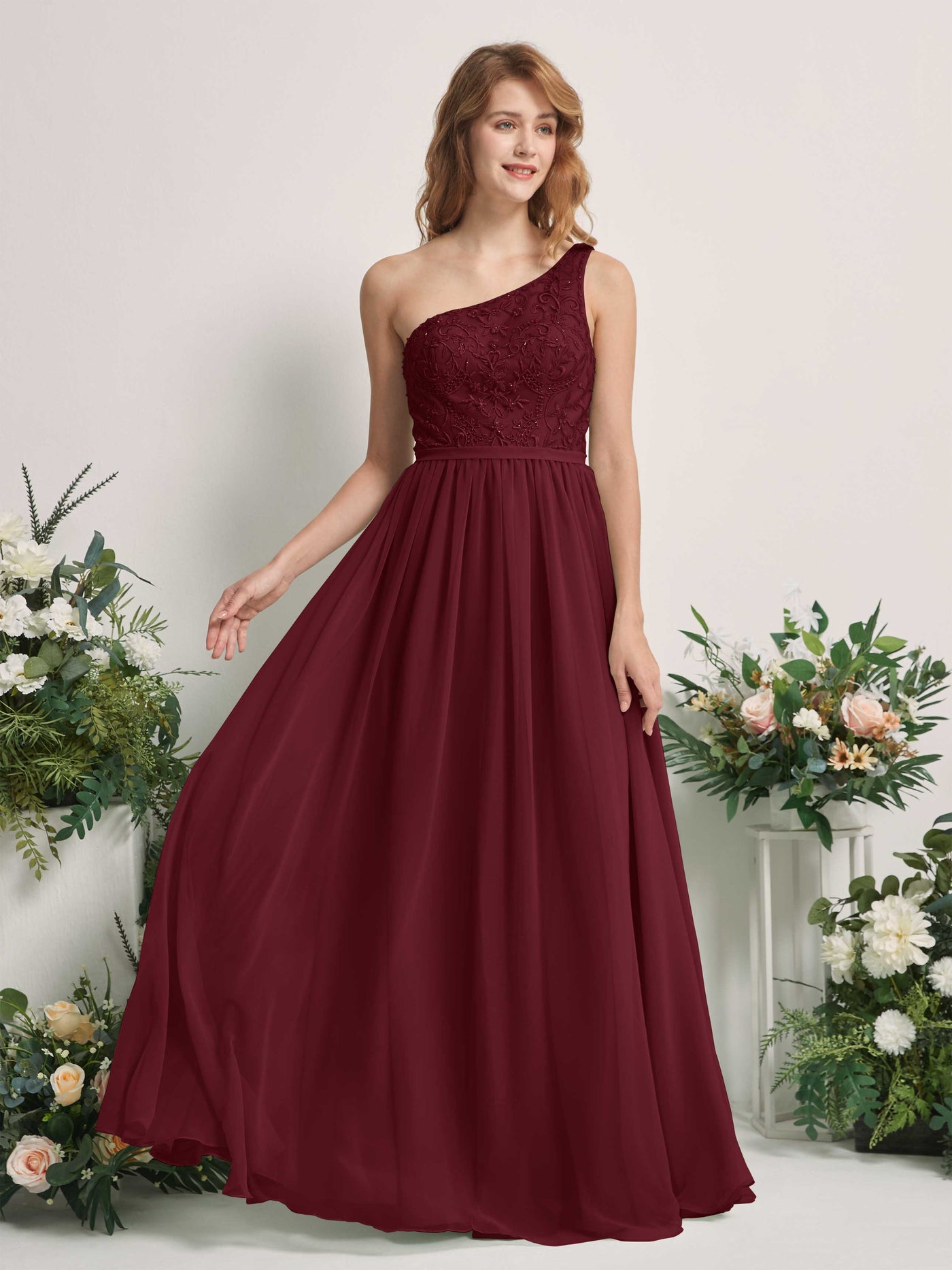 Burgundy Bridesmaid Dresses A-line Open back One Shoulder Sleeveless Dresses (83220512)#color_burgundy