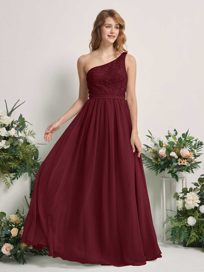 Carlyna Bonita A-Line Burgundy Embroidered Bridesmaid Dress Maxi Sleeveless One Shoulder Dress Front View #color_burgundy