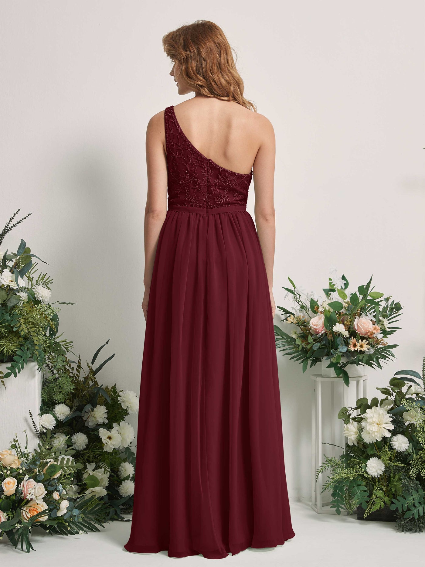 Burgundy Bridesmaid Dresses A-line Open back One Shoulder Sleeveless Dresses (83220512)#color_burgundy