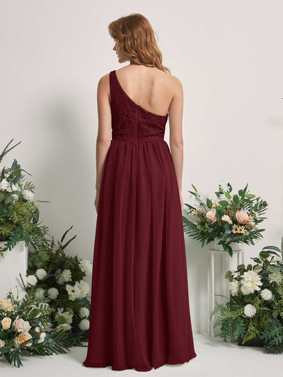 Carlyna Bonita A-Line Burgundy Embroidered Bridesmaid Dress Maxi Sleeveless One Shoulder Dress Back View #color_burgundy