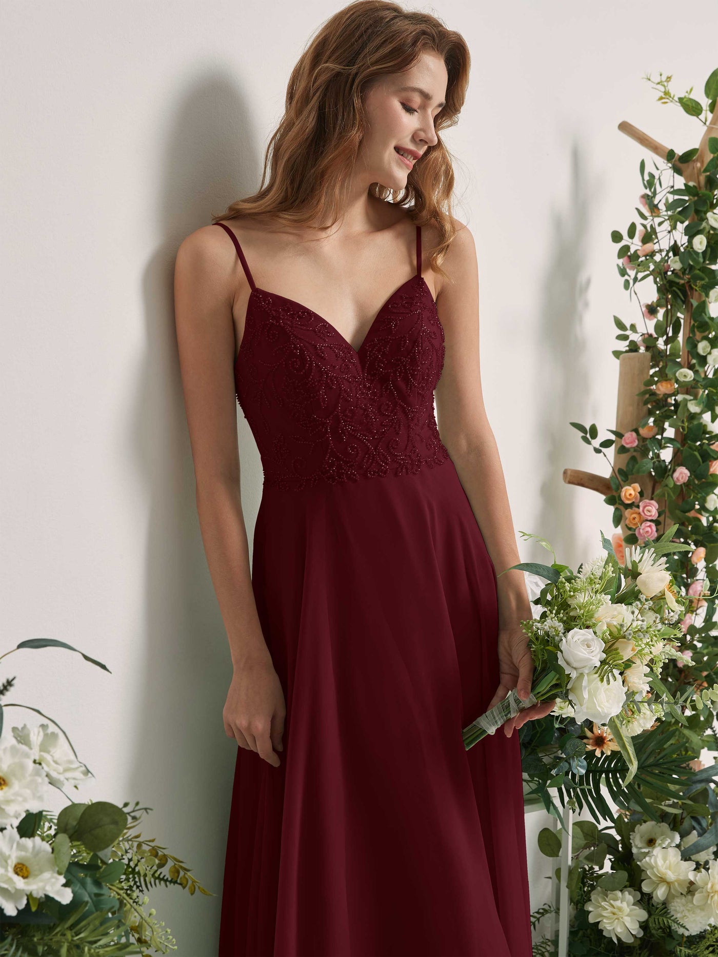 Burgundy Bridesmaid Dresses A-line Open back Spaghetti-straps Sleeveless Dresses (83221112)#color_burgundy