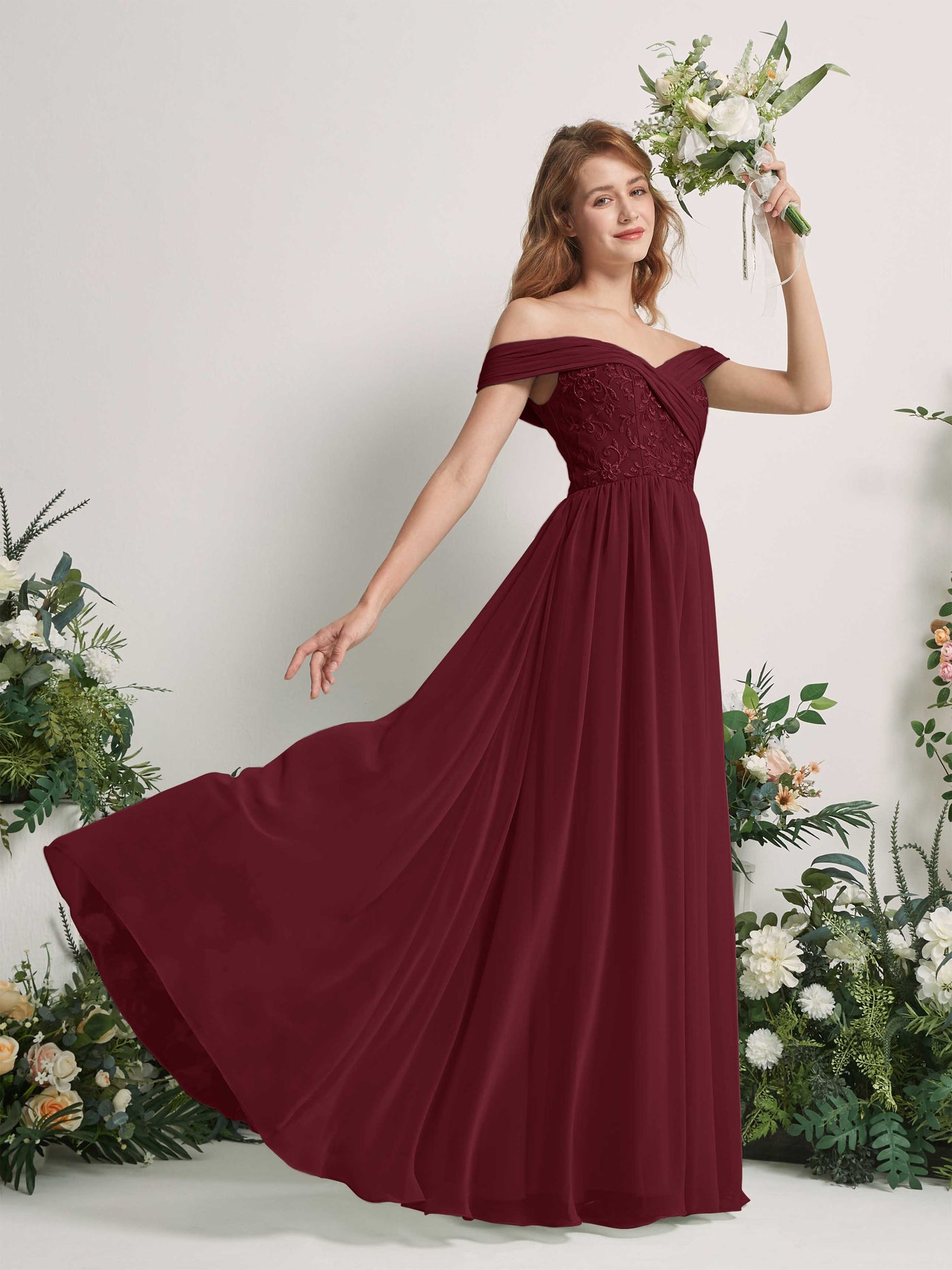 Burgundy Bridesmaid Dresses Ball Gown Off Shoulder Sleeveless Chiffon Dresses (83220412)#color_burgundy