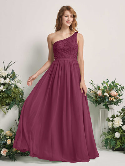 Carlyna Bonita A-Line Chianti Embroidered Bridesmaid Dress Maxi Sleeveless One Shoulder Dress Front View #color_chianti