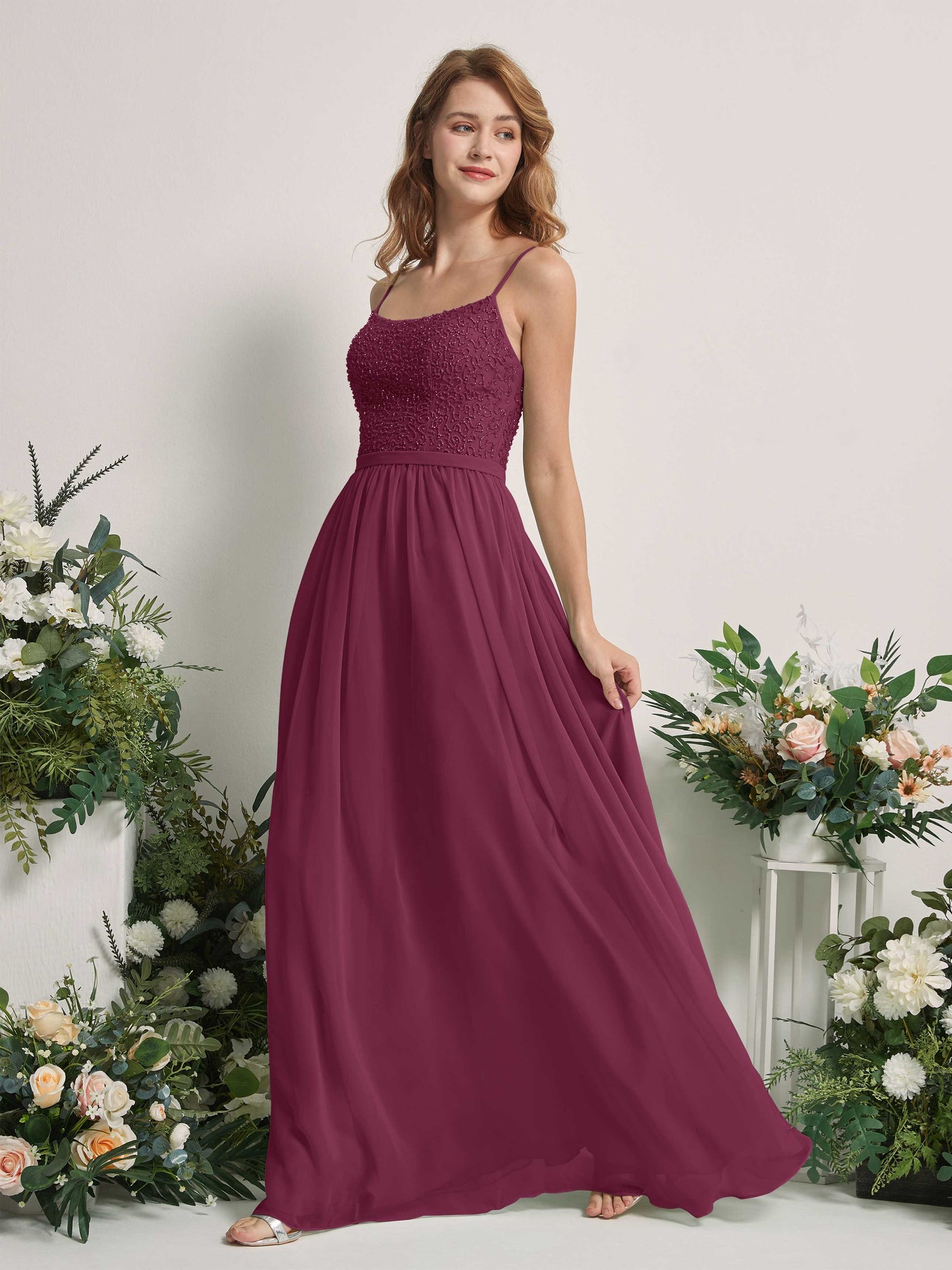 Chianti Bridesmaid Dresses A-line Open back Spaghetti-straps Sleeveless Dresses (83220134)#color_chianti
