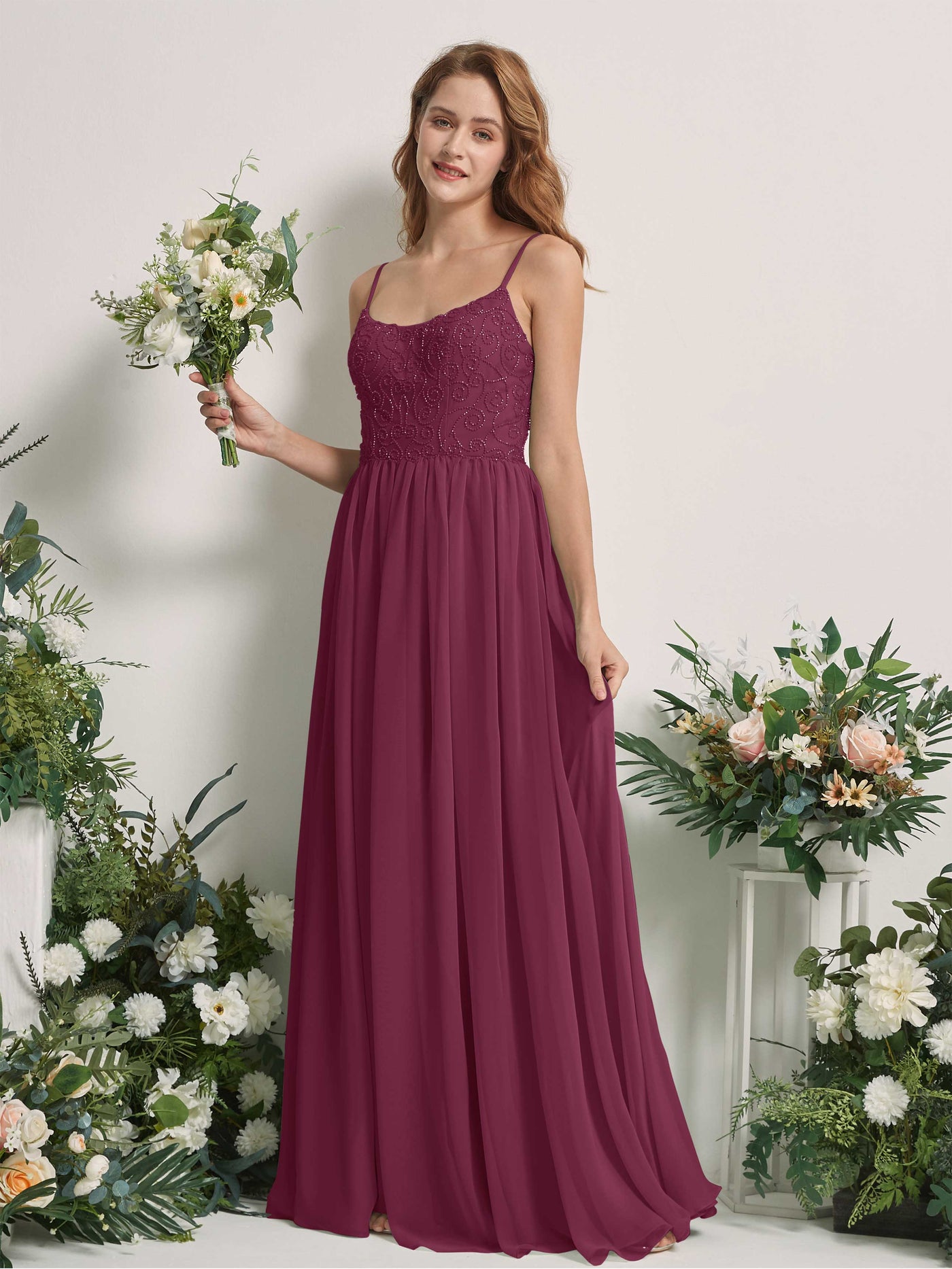 Chianti Bridesmaid Dresses A-line Spaghetti-straps Sleeveless Chiffon Dresses (83221234)#color_chianti