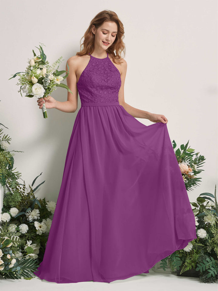 Purple Bridesmaid Dresses A-line Halter Sleeveless Chiffon Dresses (83220836)