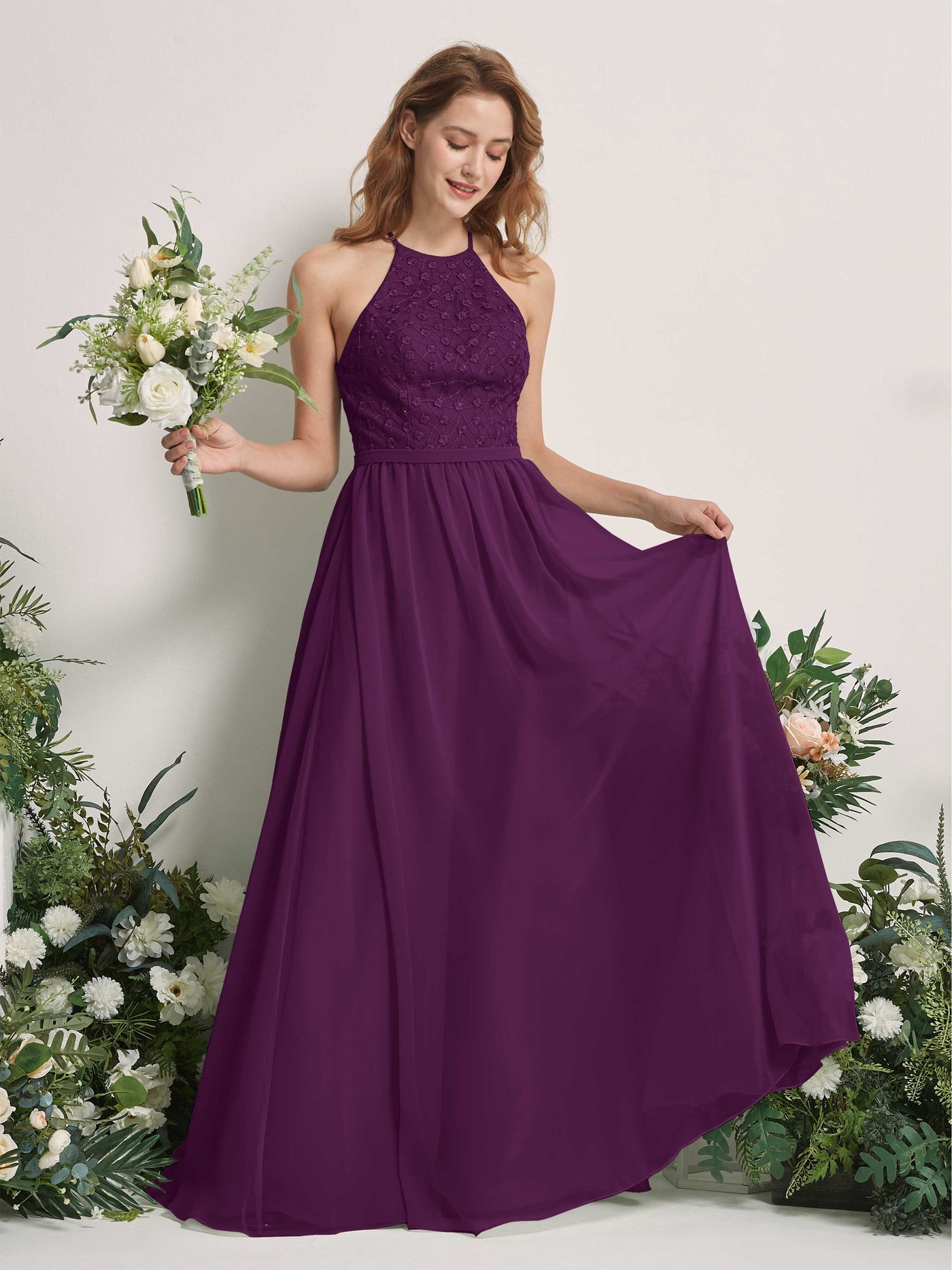Grape Bridesmaid Dresses A-line Halter Sleeveless Chiffon Dresses (83220831)#color_grape
