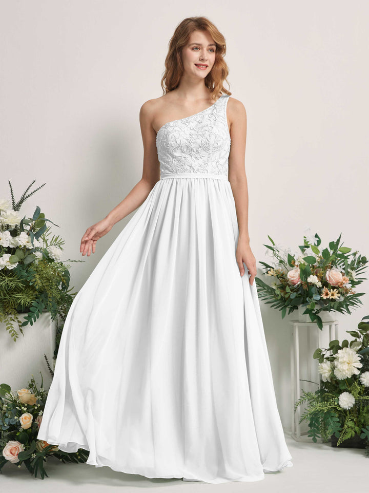 White Bridesmaid Dresses A-line Open back One Shoulder Sleeveless Dresses (83220542)