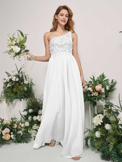 Carlyna Bonita A-Line White Embroidered Bridesmaid Dress Maxi Sleeveless One Shoulder Dress Side View 2 #color_white